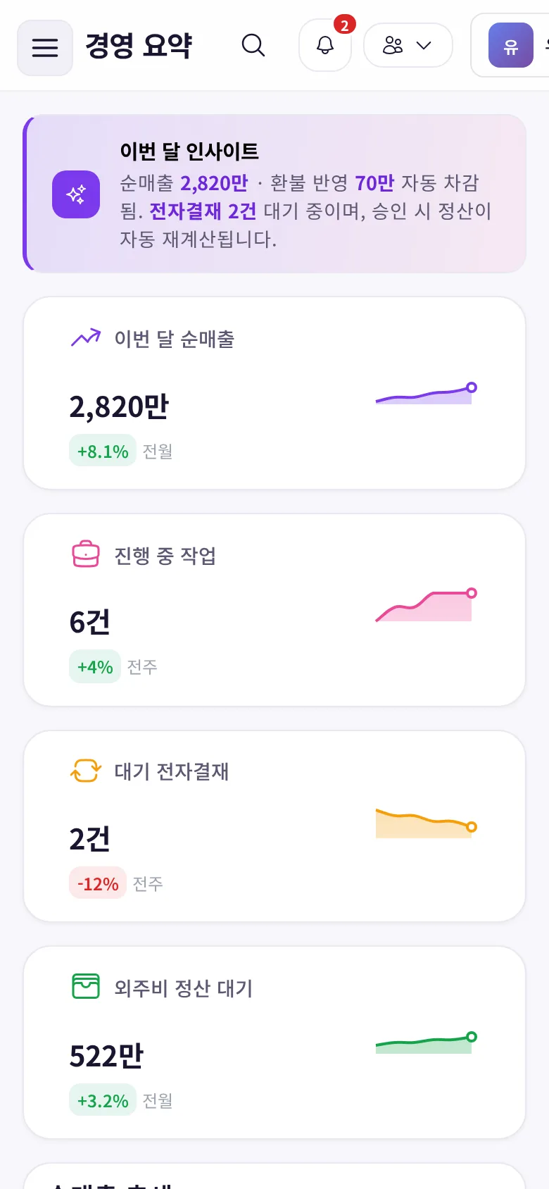마케팅 대행사 주문·정산 통합 모바일 화면