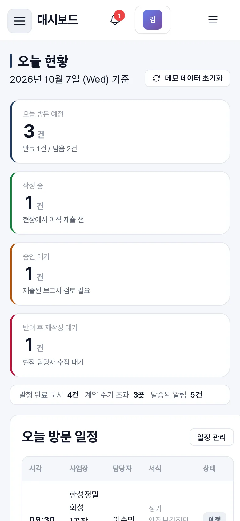 산업안전 대행 점검 관리 모바일 화면